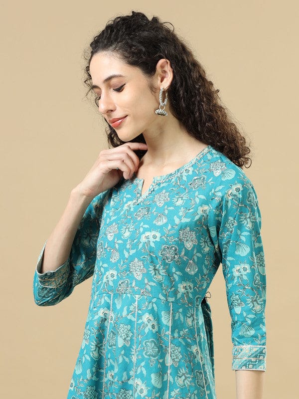 Turquoise 3/4Th Sleeves Cotton Regular Fit Ankle Length Asymmetrical Kurta Set - With Dupatta