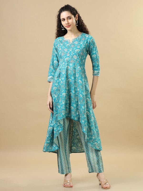 Turquoise 3/4Th Sleeves Cotton Regular Fit Ankle Length Asymmetrical Kurta Set - With Dupatta