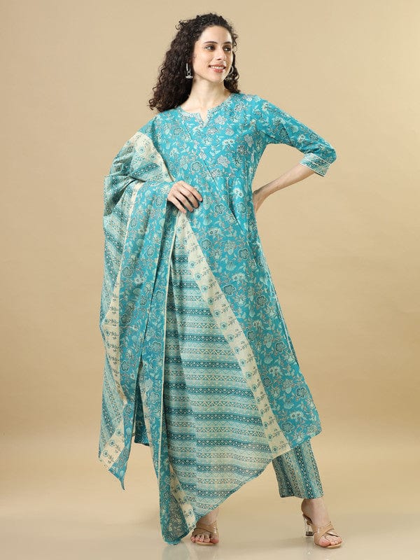 Turquoise 3/4Th Sleeves Cotton Regular Fit Ankle Length Asymmetrical Kurta Set - With Dupatta