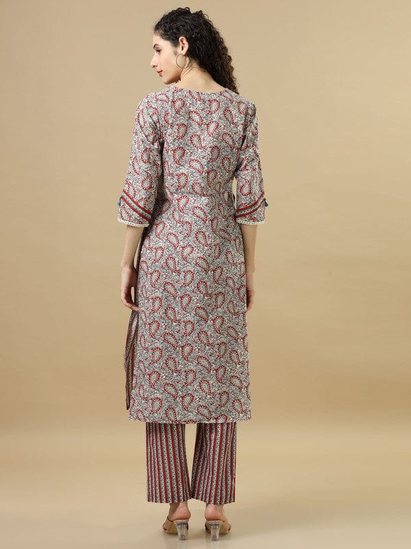 Red 3/4Th Sleeves Cotton Regular Fit Calf Length Straight Kurta Set - With Dupatta