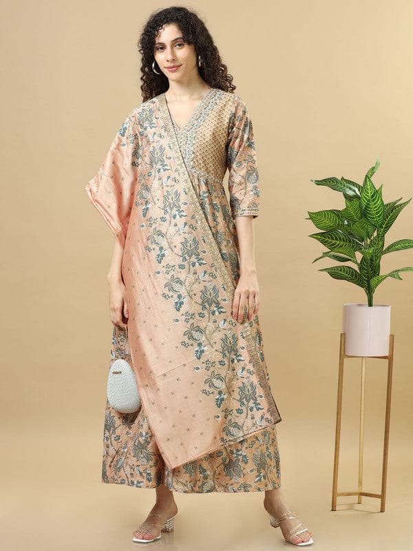 Light Brown 3/4Th Sleeves Chanderi Loose Fit Ankle Length Flared Kurta Set - With Dupatta, No Bottom