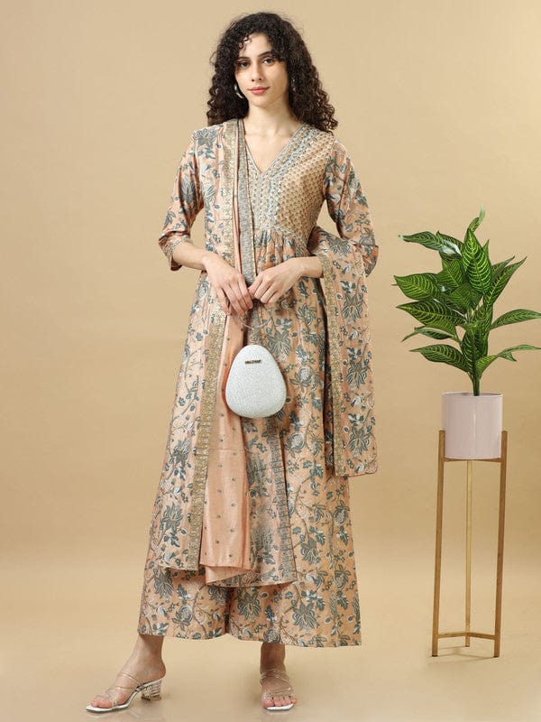 Light Brown 3/4Th Sleeves Chanderi Loose Fit Ankle Length Flared Kurta Set - With Dupatta, No Bottom