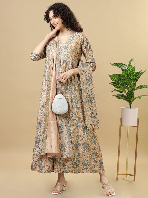 Light Brown 3/4Th Sleeves Chanderi Loose Fit Ankle Length Flared Kurta Set - With Dupatta, No Bottom