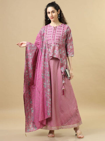 Onion Pink 3/4Th Sleeves Cotton Chanderi Regular Fit Hip Length Asymmetrical Kurta Set - With Dupatta