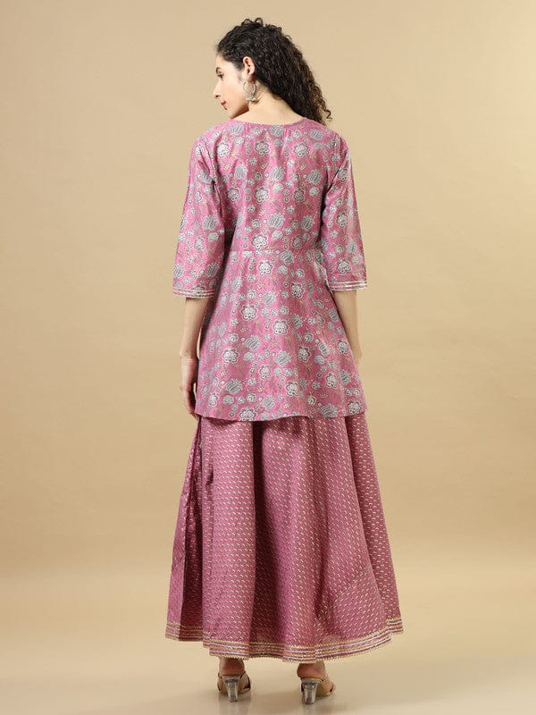 Onion Pink 3/4Th Sleeves Cotton Chanderi Regular Fit Hip Length Asymmetrical Kurta Set - With Dupatta