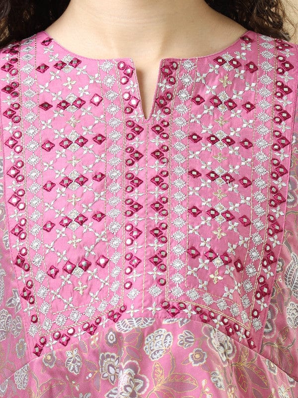 Onion Pink 3/4Th Sleeves Cotton Chanderi Regular Fit Hip Length Asymmetrical Kurta Set - With Dupatta