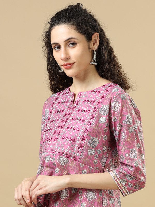 Onion Pink 3/4Th Sleeves Cotton Chanderi Regular Fit Hip Length Asymmetrical Kurta Set - With Dupatta