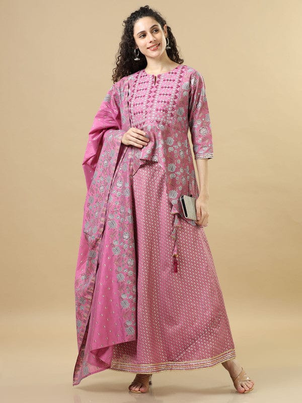 Onion Pink 3/4Th Sleeves Cotton Chanderi Regular Fit Hip Length Asymmetrical Kurta Set - With Dupatta