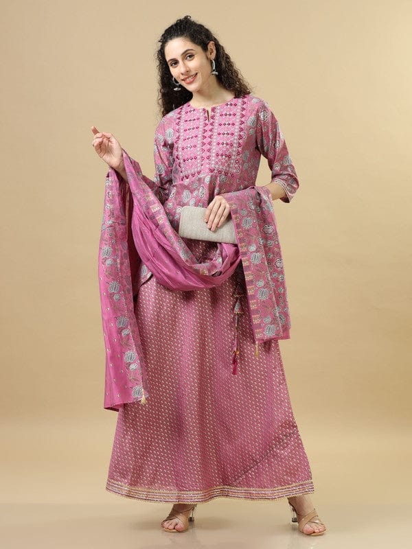 Onion Pink 3/4Th Sleeves Cotton Chanderi Regular Fit Hip Length Asymmetrical Kurta Set - With Dupatta