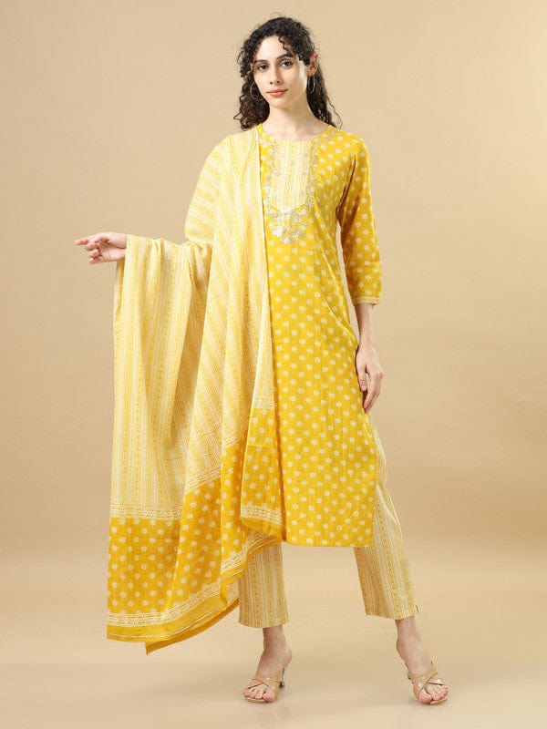 Mustard 3/4Th Sleeves Cotton Regular Fit Calf Length Straight Kurta Set - With Dupatta