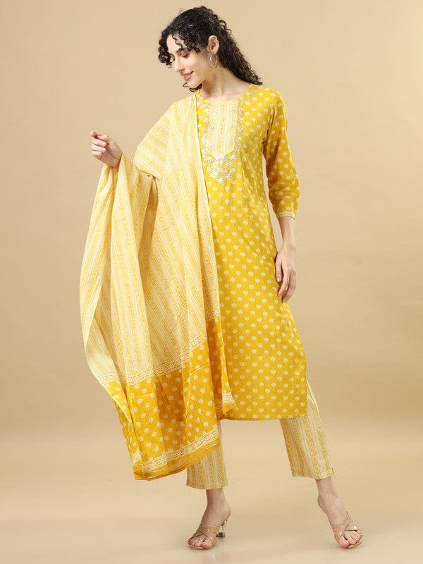 Mustard 3/4Th Sleeves Cotton Regular Fit Calf Length Straight Kurta Set - With Dupatta