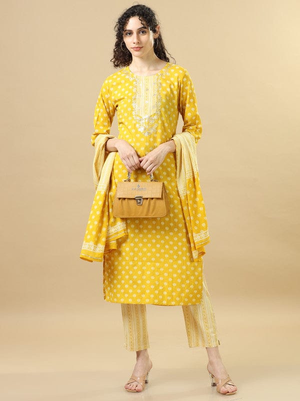 Mustard 3/4Th Sleeves Cotton Regular Fit Calf Length Straight Kurta Set - With Dupatta