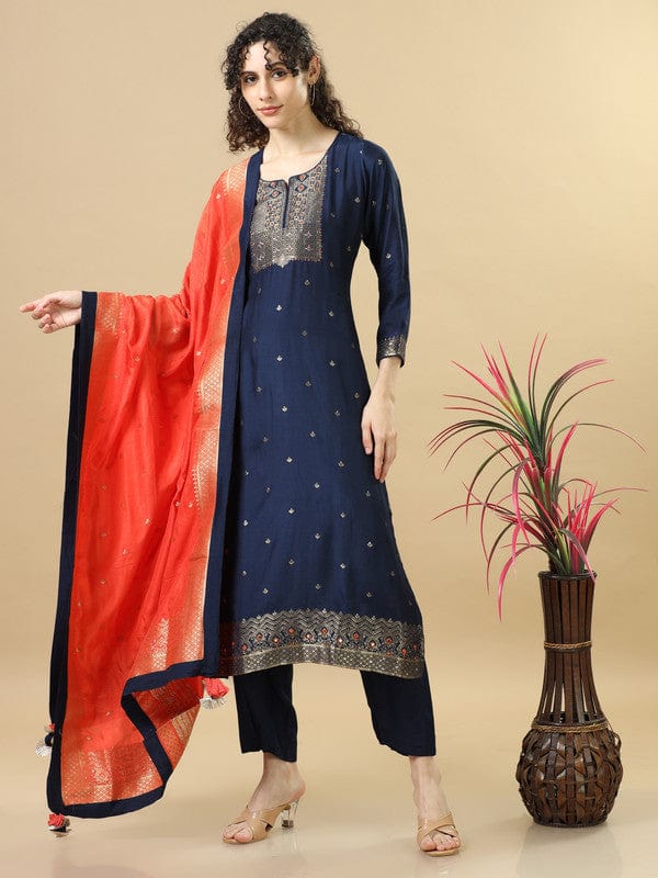 Navy Full Sleeves Chanderi Silk Regular Fit Calf Length Straight Kurta Set - With Dupatta