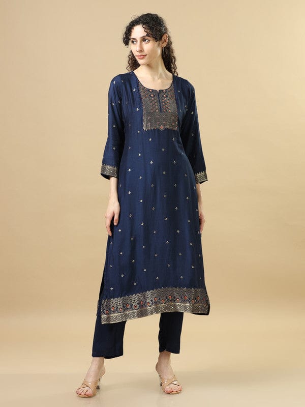 Navy Full Sleeves Chanderi Silk Regular Fit Calf Length Straight Kurta Set - With Dupatta