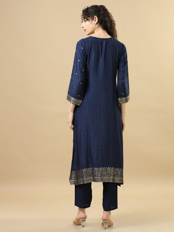 Navy Full Sleeves Chanderi Silk Regular Fit Calf Length Straight Kurta Set - With Dupatta