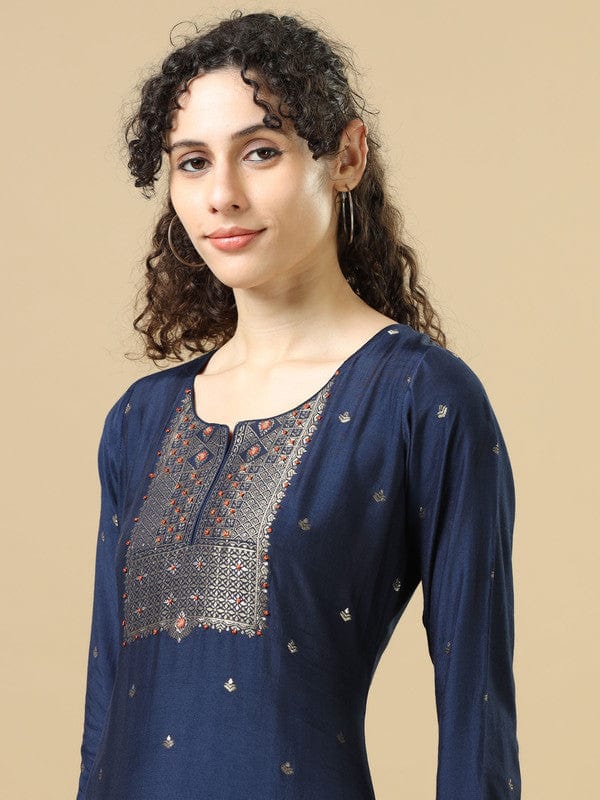 Navy Full Sleeves Chanderi Silk Regular Fit Calf Length Straight Kurta Set - With Dupatta