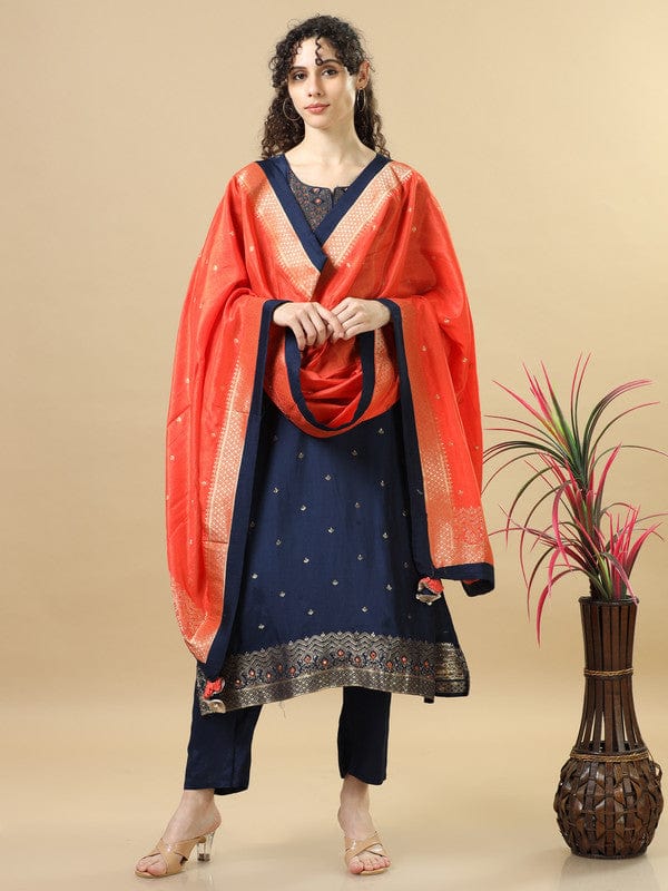 Navy Full Sleeves Chanderi Silk Regular Fit Calf Length Straight Kurta Set - With Dupatta