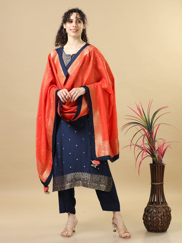 Navy Full Sleeves Chanderi Silk Regular Fit Calf Length Straight Kurta Set - With Dupatta