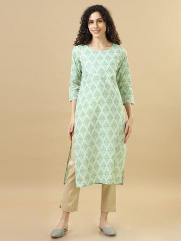 Light Green 3/4Th Sleeves Cotton Block Print Regular Fit Calf Length Kurta