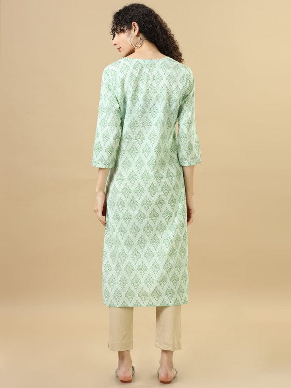 Light Green 3/4Th Sleeves Cotton Block Print Regular Fit Calf Length Kurta