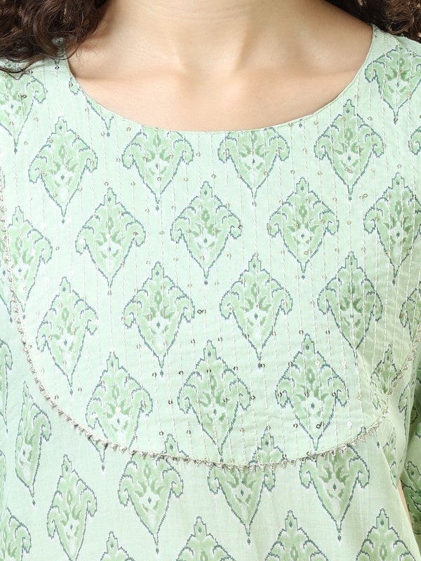 Light Green 3/4Th Sleeves Cotton Block Print Regular Fit Calf Length Kurta