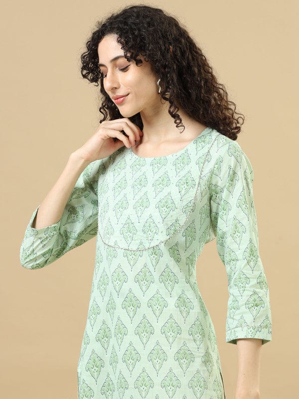 Light Green 3/4Th Sleeves Cotton Block Print Regular Fit Calf Length Kurta