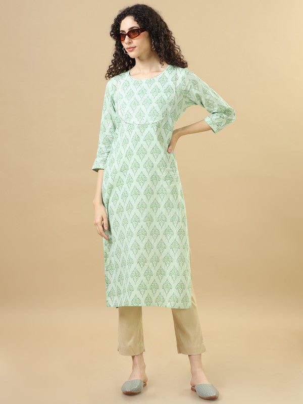 Light Green 3/4Th Sleeves Cotton Block Print Regular Fit Calf Length Kurta