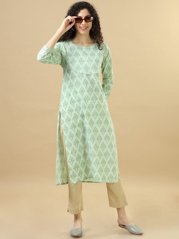 Light Green 3/4Th Sleeves Cotton Block Print Regular Fit Calf Length Kurta