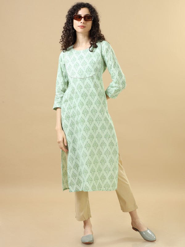 Light Green 3/4Th Sleeves Cotton Block Print Regular Fit Calf Length Kurta