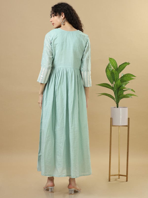 Green Full Sleeves Cotton Mirror Work Regular Fit Ankle Length Dress