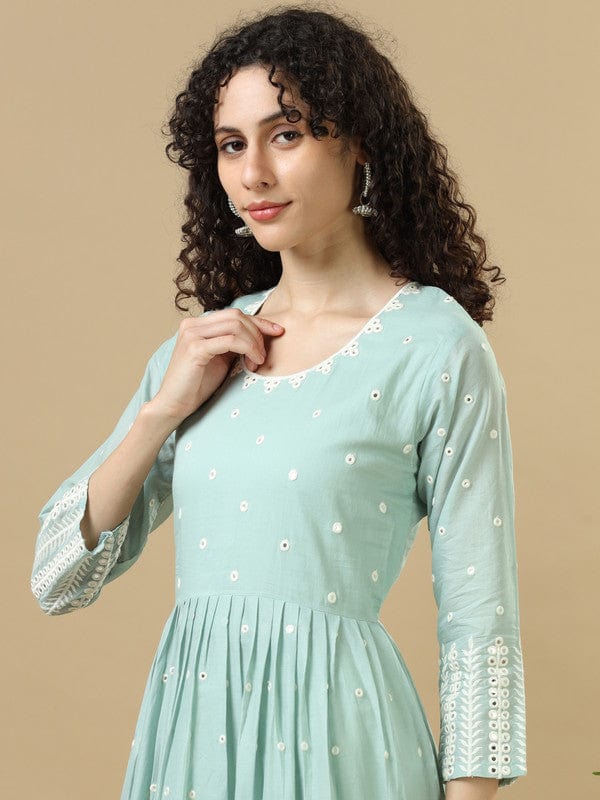 Green Full Sleeves Cotton Mirror Work Regular Fit Ankle Length Dress