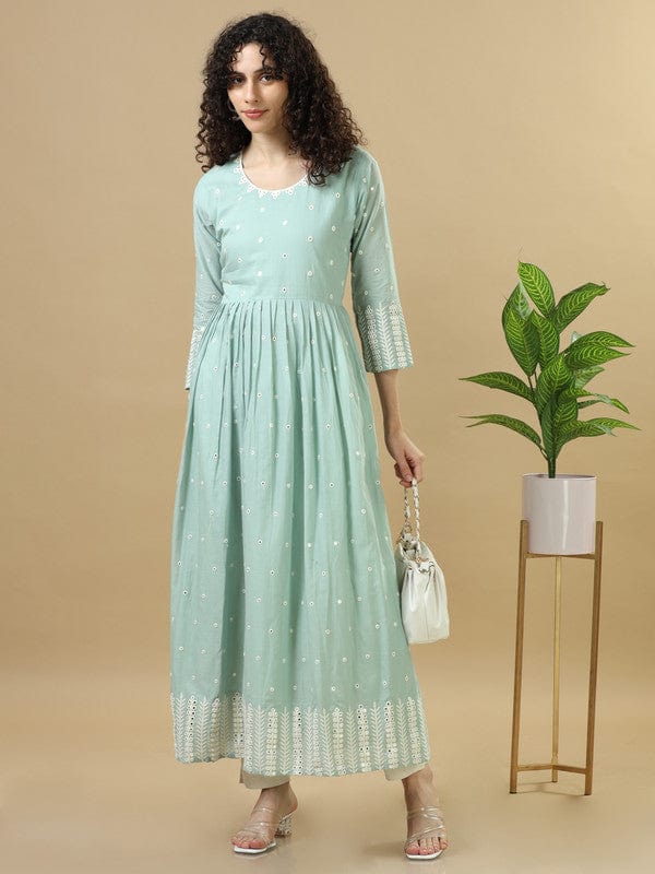 Green Full Sleeves Cotton Mirror Work Regular Fit Ankle Length Dress