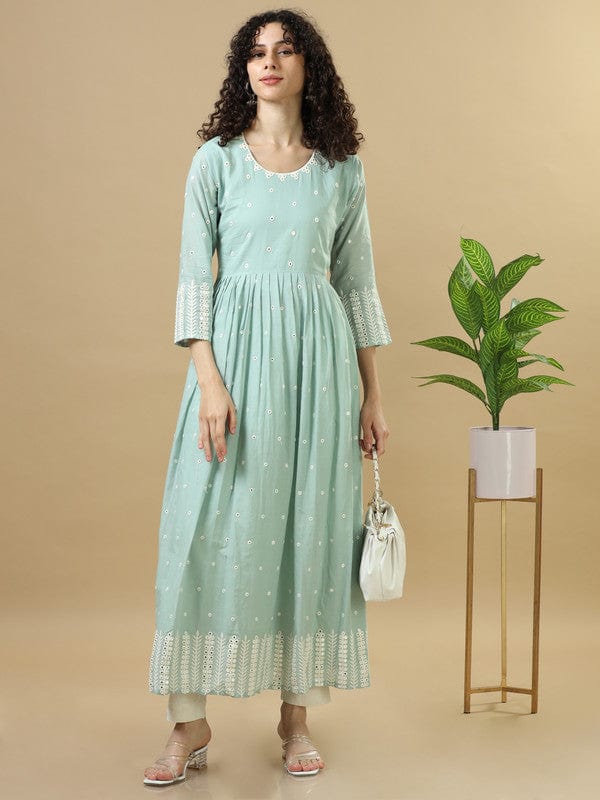 Green Full Sleeves Cotton Mirror Work Regular Fit Ankle Length Dress