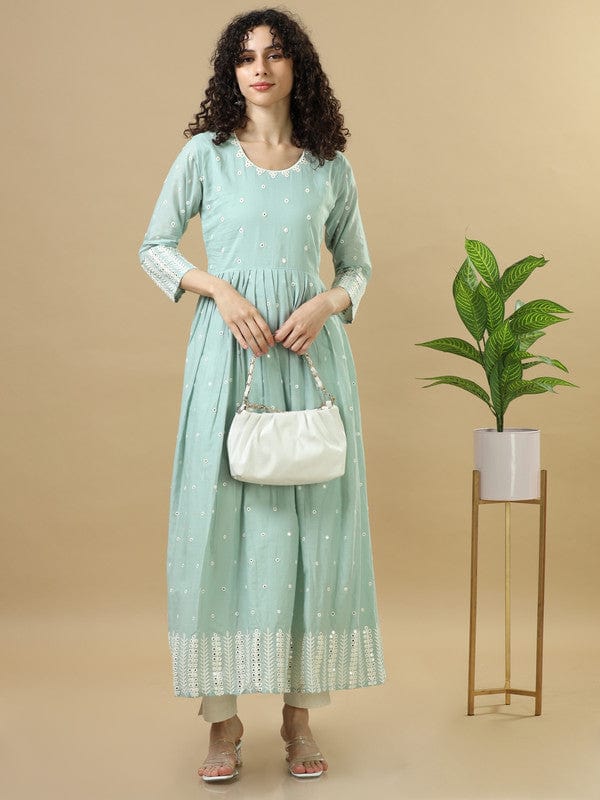 Green Full Sleeves Cotton Mirror Work Regular Fit Ankle Length Dress