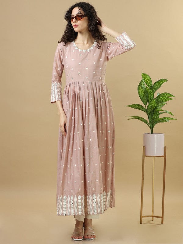 Light Brown 3/4th Sleeves Cotton Mirror work Regular fit Ankle length Kurta