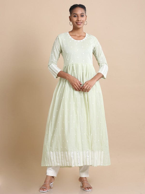 Light Green Full sleeves Cotton Mirror work Regular fit Ankle length Dress