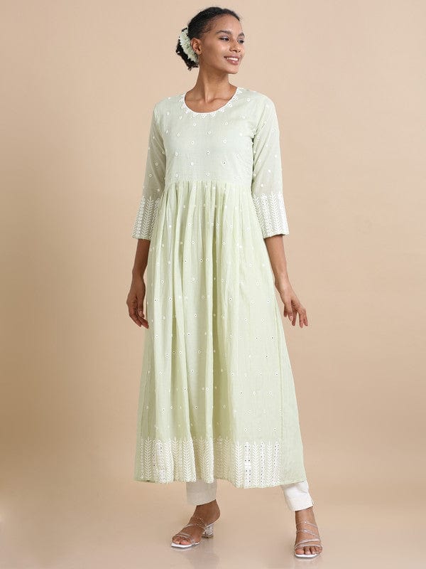 Light Green Full sleeves Cotton Mirror work Regular fit Ankle length Dress