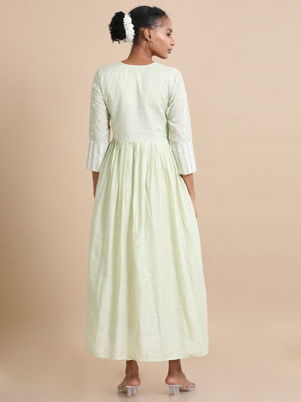Light Green Full sleeves Cotton Mirror work Regular fit Ankle length Dress