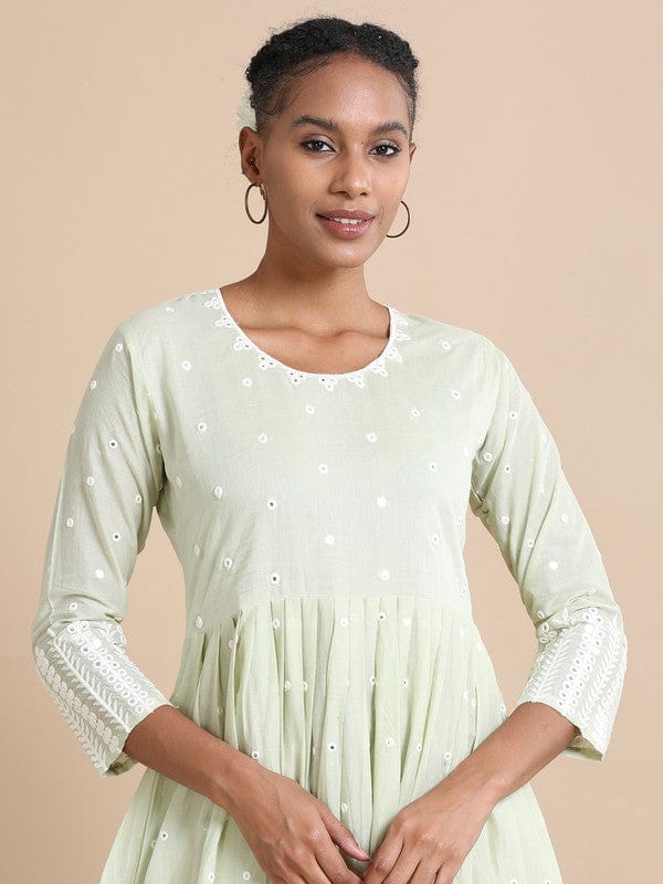 Light Green Full sleeves Cotton Mirror work Regular fit Ankle length Dress