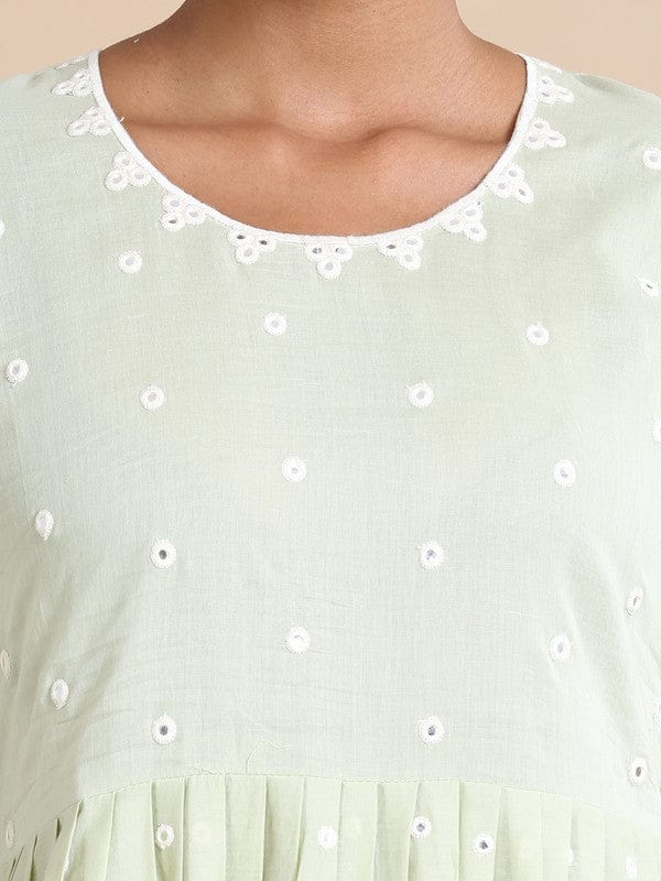 Light Green Full sleeves Cotton Mirror work Regular fit Ankle length Dress