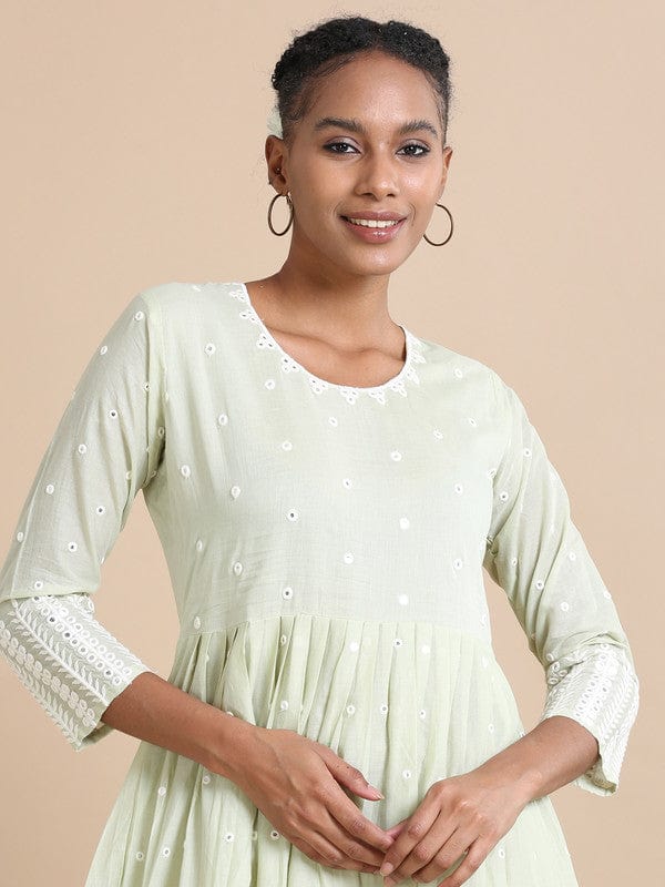 Light Green Full sleeves Cotton Mirror work Regular fit Ankle length Dress