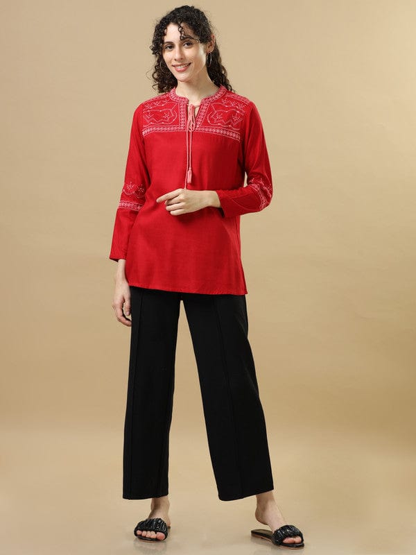 Red Full Sleeves Rayon Machine Work Regular Fit Hip Length Kurta