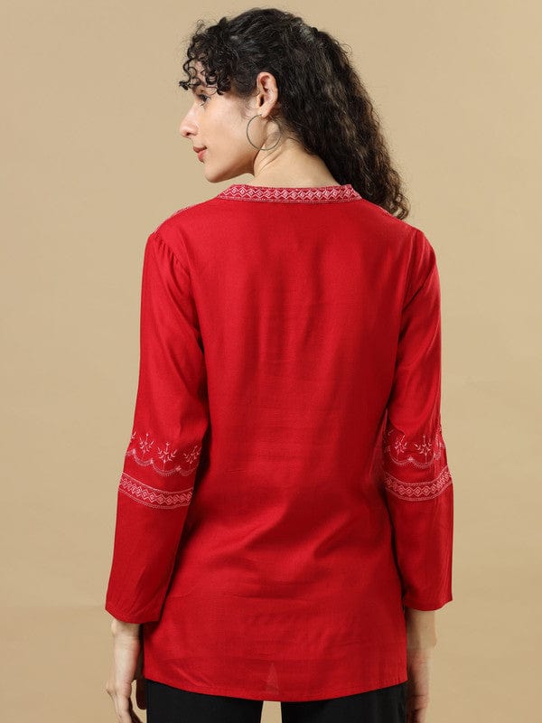 Red Full Sleeves Rayon Machine Work Regular Fit Hip Length Kurta