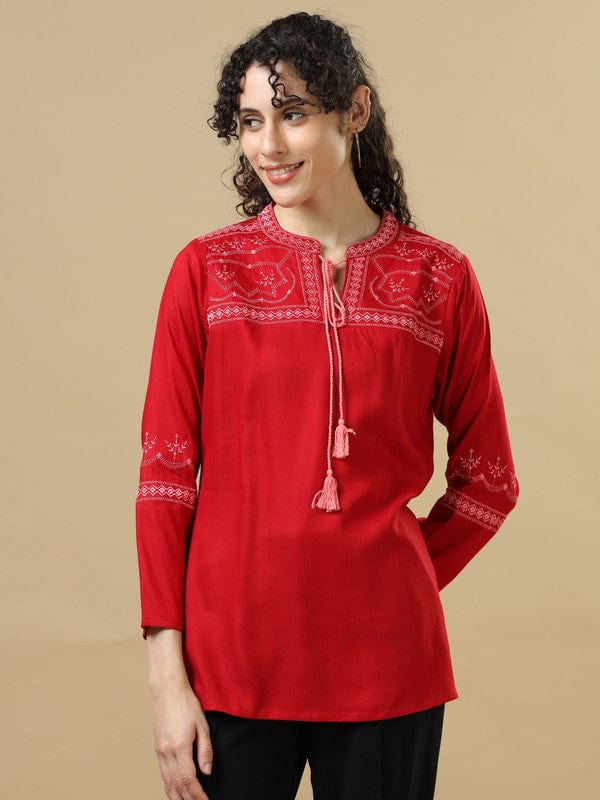 Red Full Sleeves Rayon Machine Work Regular Fit Hip Length Kurta