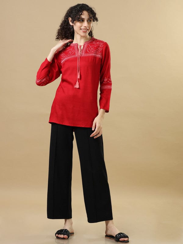 Red Full Sleeves Rayon Machine Work Regular Fit Hip Length Kurta