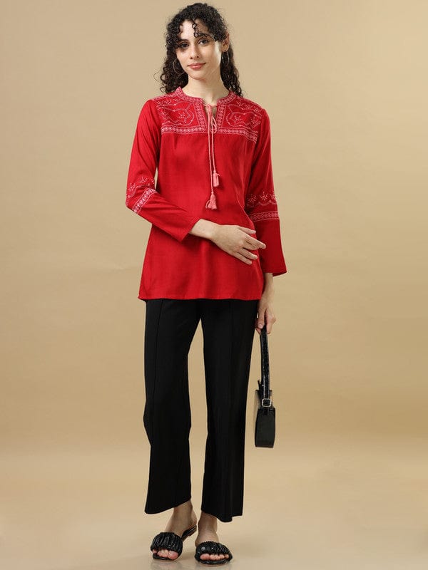 Red Full Sleeves Rayon Machine Work Regular Fit Hip Length Kurta