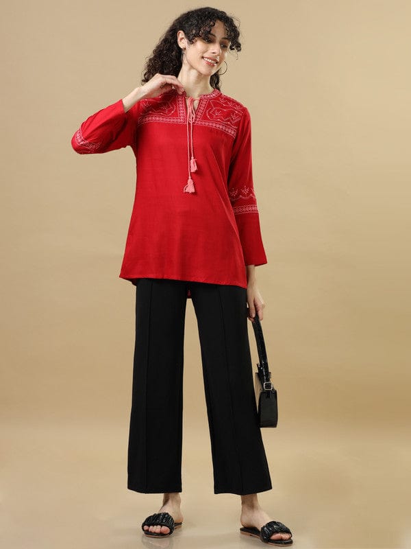 Red Full Sleeves Rayon Machine Work Regular Fit Hip Length Kurta