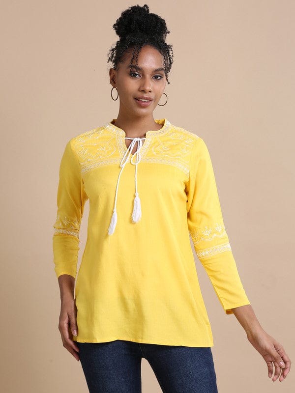 Yellow Full sleeves Rayon Machine work Regular fit Hip length Kurta