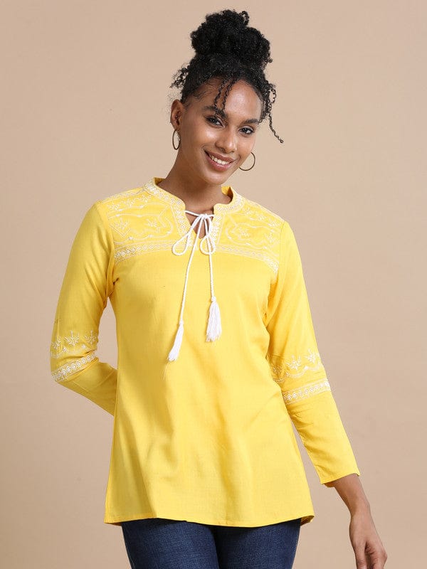 Yellow Full sleeves Rayon Machine work Regular fit Hip length Kurta