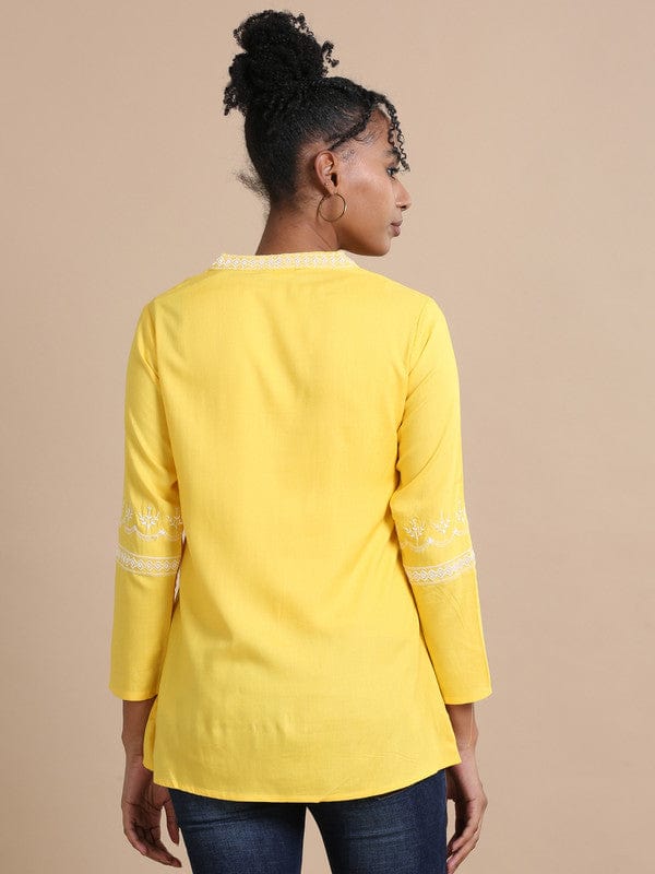 Yellow Full sleeves Rayon Machine work Regular fit Hip length Kurta